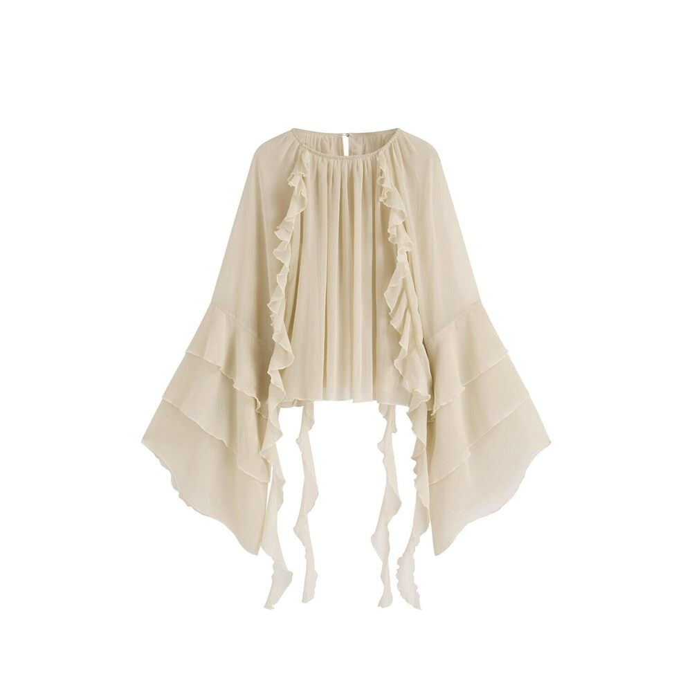 Womens Blouse Dressy Casual Crew Neck See Through Ruffle Hem Bell Sleeve